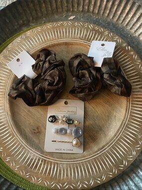 Ella Brown Satin Scrunchie & Pearl Accent Hair Pin Set